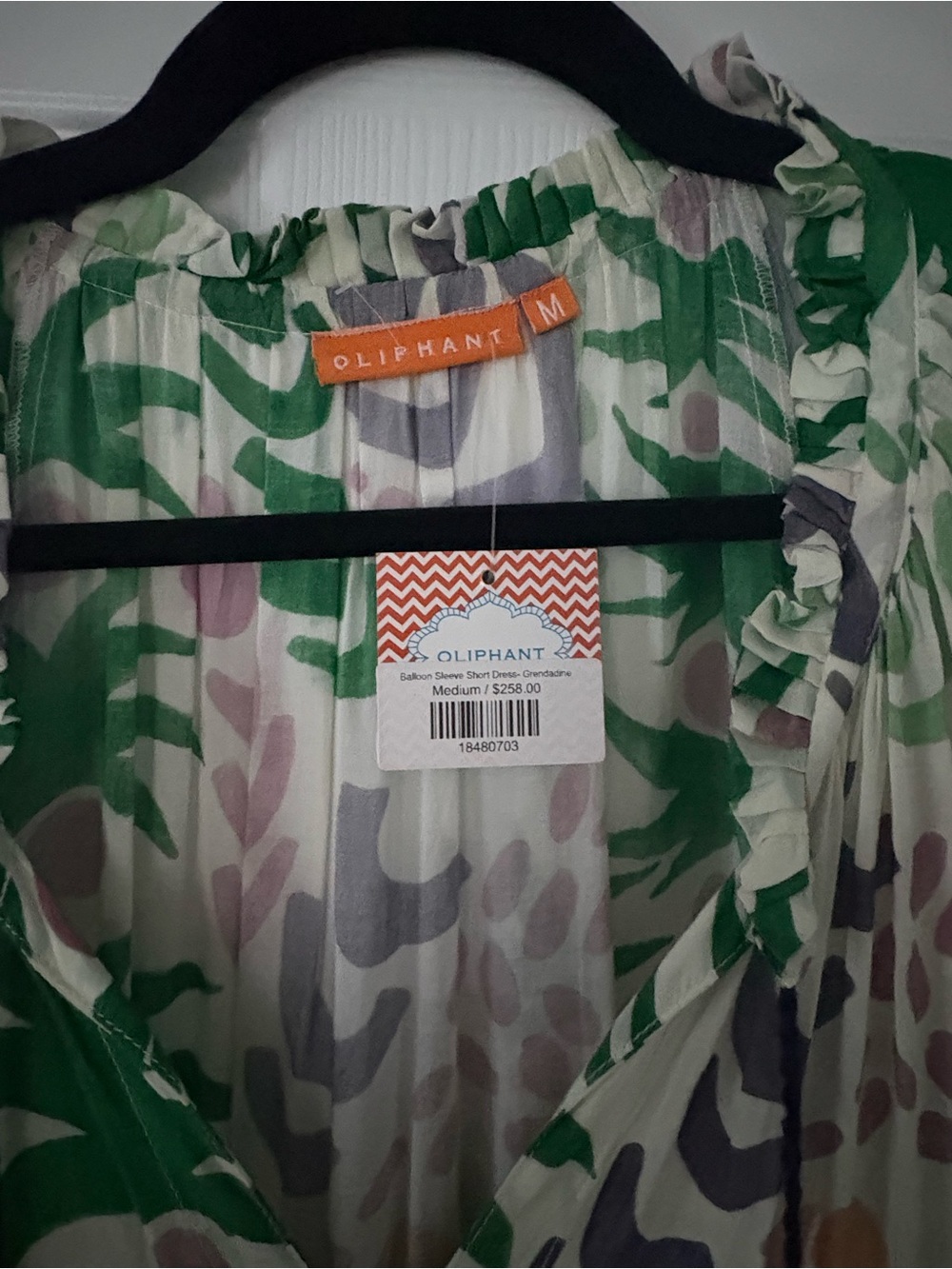 Oliphant Printed Ruffled V-Neck Blouse in Green, Purple & Cream - Picture 3 of 3